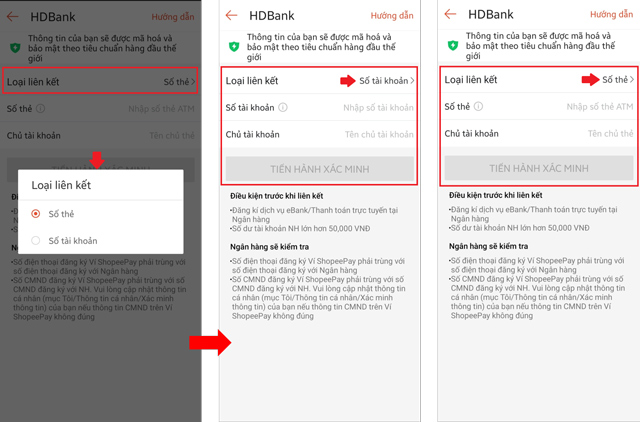 Tiến hành liên kết bằng số tài khoản hoặc số thẻ
