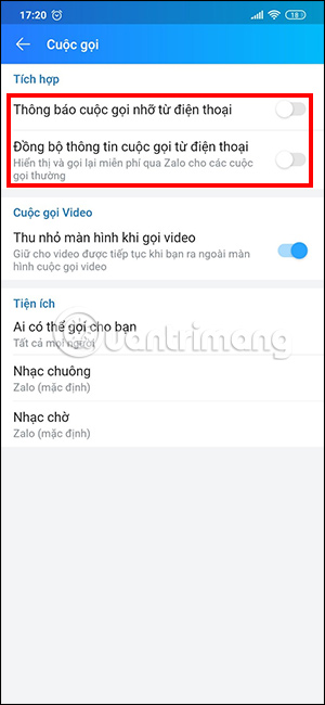 Tùy chỉnh cuộc gọi Zalo