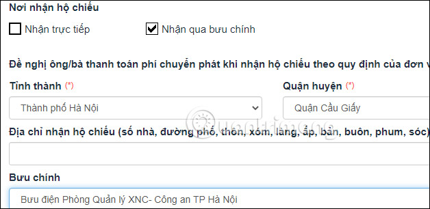 Nhận hộ chiếu qua bưu điện
