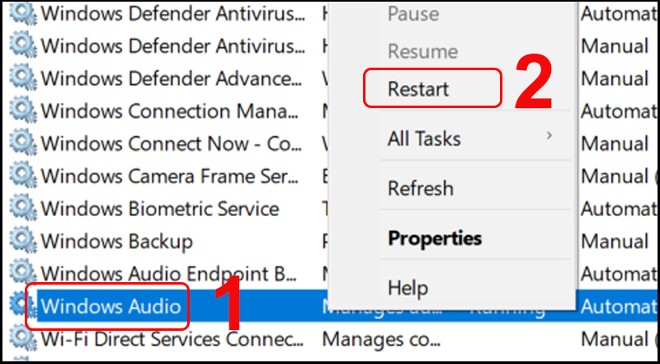 Nhấn chuột phải vào Windows Audio rồi chọn Restart