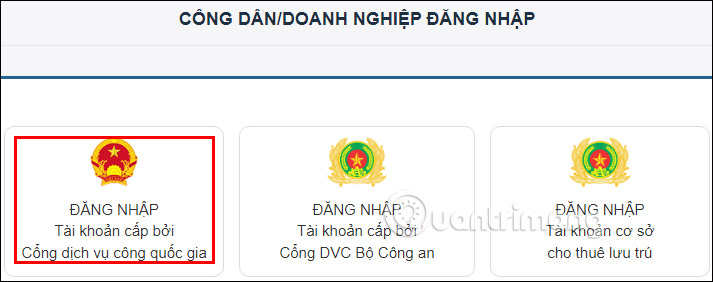 Chọn loại tài khoản trên cổng dịch vụ công Bộ Công an