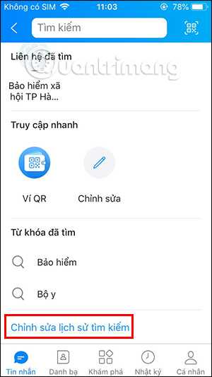 Tìm kiếm trên Zalo iPhone