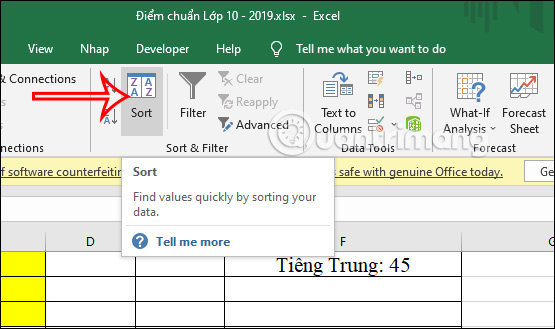 Chọn công cụ Sort trên Excel