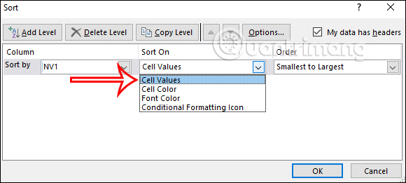 Chọn kiểu màu sắp xếp trong Excel