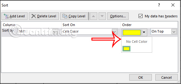 Chọn màu sắp xếp trong Excel