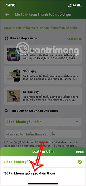 Chọn số tài khoản Vietcombank theo số điện thoại