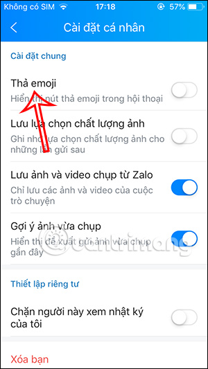 Tắt thả emoji trong Zalo