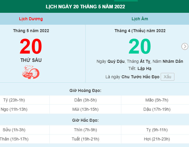 Xem lịch ngày 20/5/2022.