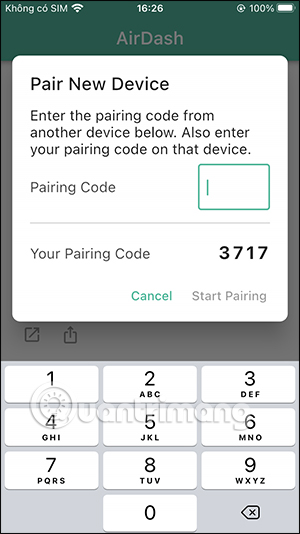 Mã ghép đôi trên AirDash điện thoại
