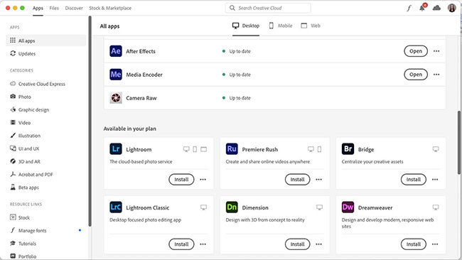 Cửa sổ Creative Cloud hiển thị danh sách các ứng dụng có sẵn và đã được tải xuống.