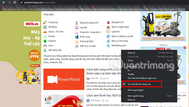 Ấn chuột phải chọn Tạo mã QR cho trang này.