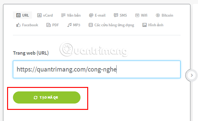 Copy đường link và ấn Tạo mã QR