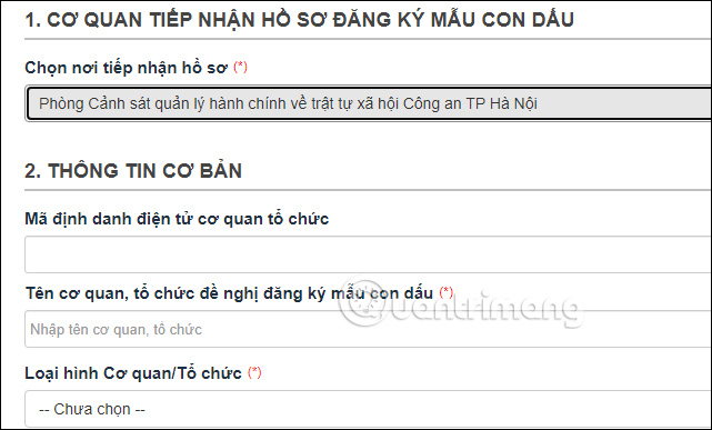 Điền thông tin đăng ký con dấu