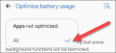 Nhấn vào mũi tên thả xuống bên cạnh “Apps Not Optimized”