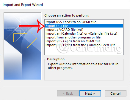 Select Export to a file Outlook 2013 or later
