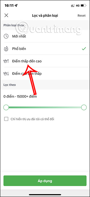 Filter scores from low to high