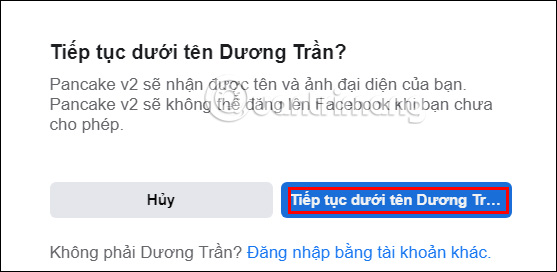Đăng nhập Facebook liên kết Pancake