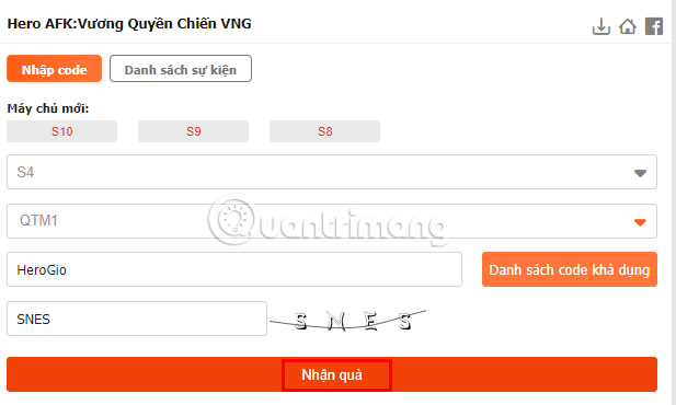 Nhập giftcode và tiến hành nhận quà
