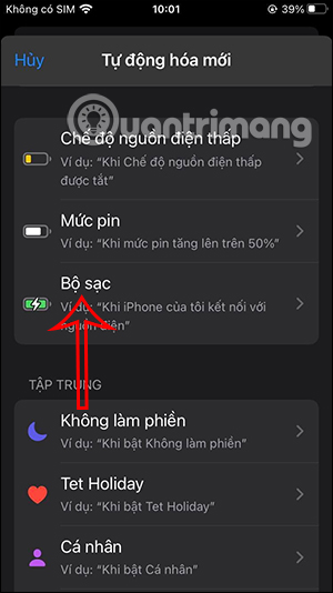 Nhấn chọn tác vụ Bộ sạc