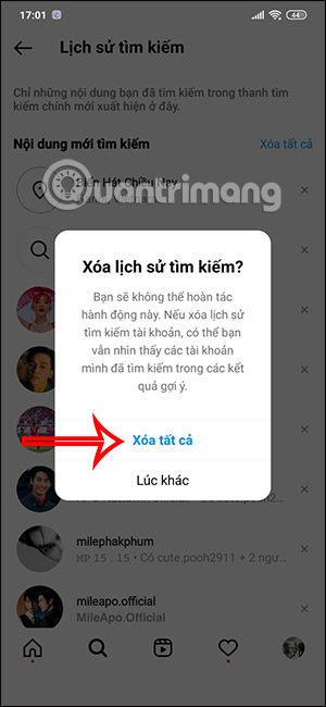 Xóa toàn bộ lịch sử tìm kiếm Instagram