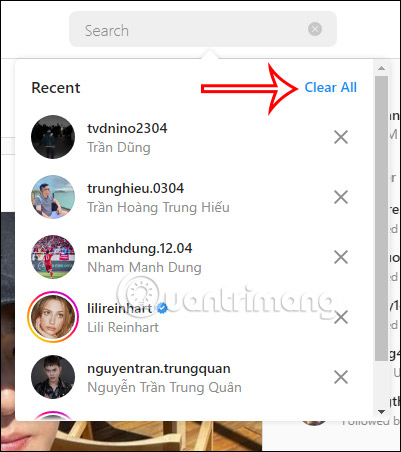Chọn xóa tìm kiếm Instagram PC