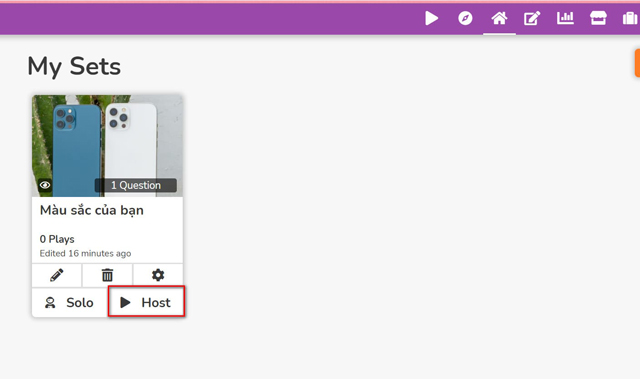 Bấm vào Host để tổ chức trò chơi cho học sinh