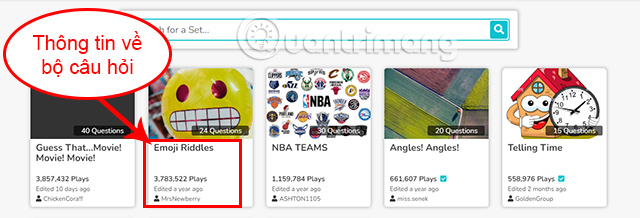 Bạn có thể tìm kiếm bộ câu hỏi mình cần thông qua thanh Tìm Kiếm.