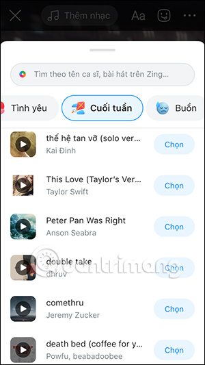 Chọn bài hát trên Zalo