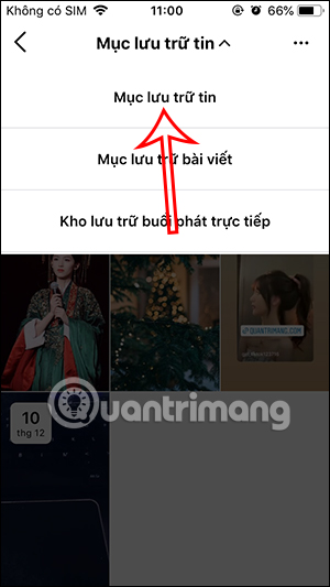 Chọn Mục lưu trữ tin Instagram