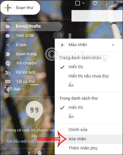 Xóa nhãn Gmail PC