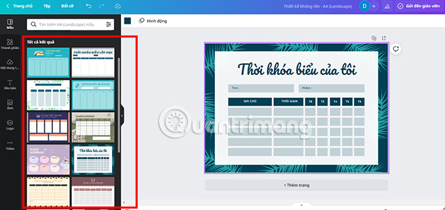 Lựa chọn template cho thời khóa biểu