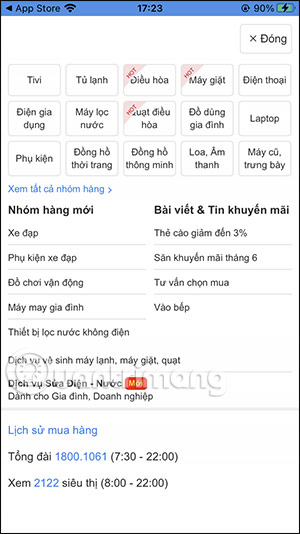Danh mục mặt hàng trên DienMayXanh