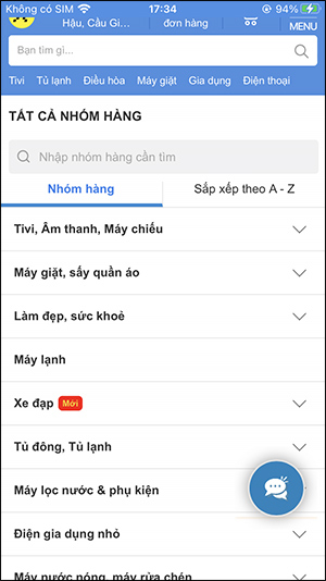 Tìm kiếm mặt hàng trên DienMayXanh