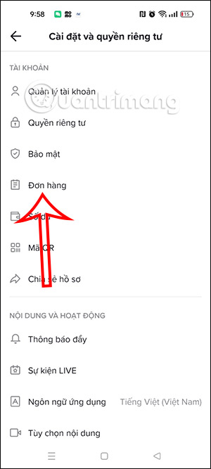 Đơn hàng trên TikTok