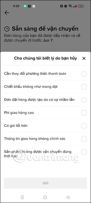 Gửi lý do hủy đơn hàng TikTok Shop