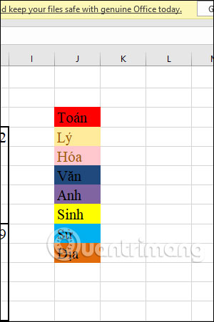 Màu cho môn học trong Excel