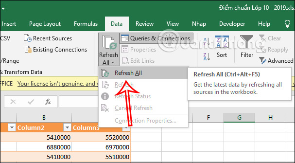 Cập nhật dữ liệu Excel từ web