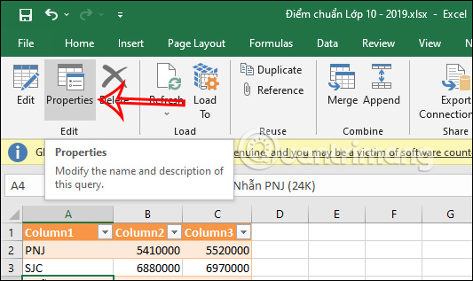 Trong Excel, bấm thuộc tính truy vấn