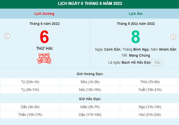 Xem lịch 6/6/2022.