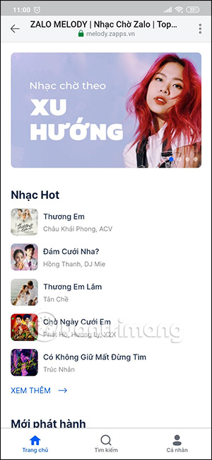 Giao diện chọn nhạc chờ trên Zing