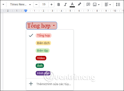 Danh sách thả xuống trong Google Docs