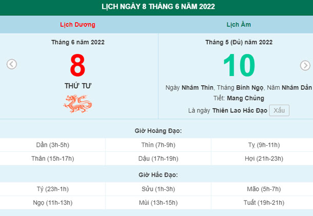 Xem lịch 8/6/2022.
