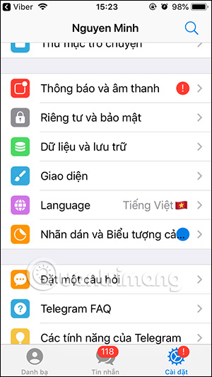 Giao diện tiếng Việt trên Telegram điện thoại