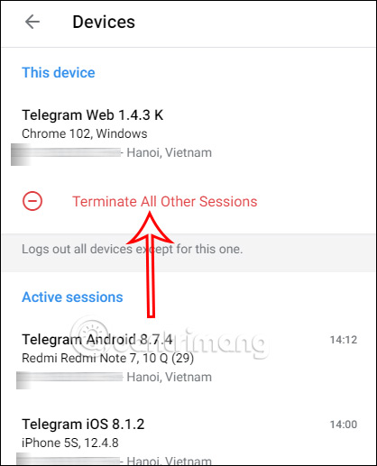 Dừng đăng nhập Telegram tất cả thiết bị