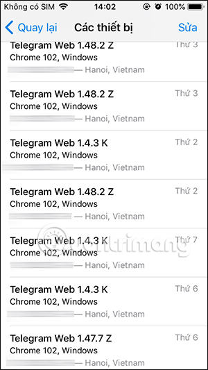Danh sách thiết bị đăng nhập Telegram