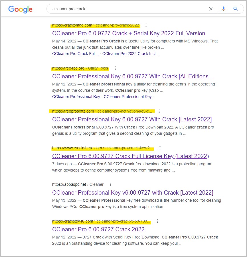Top kết quả tìm kiếm Google toàn mã độc