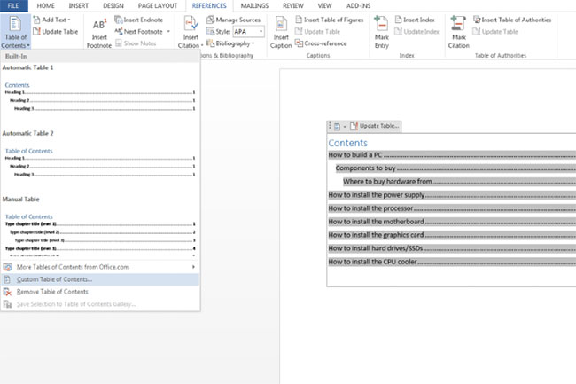 Nút Custom Table of Contents bên trên Microsoft Word được dùng nhằm tùy chỉnh bảng mục lục