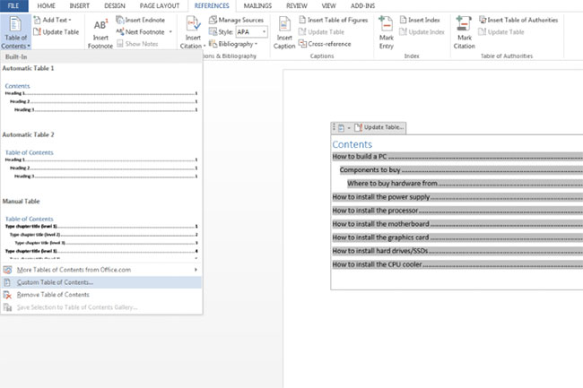 Nút Custom Table of Contents trên Microsoft Word được sử dụng để tùy chỉnh bảng mục lục