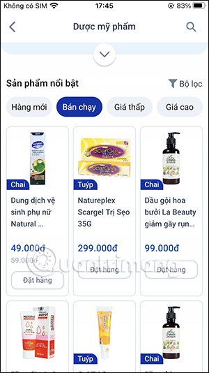 Danh mục mặt hàng trên app Long Châu