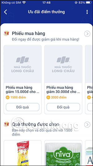 Điểm thưởng trên app Long Châu